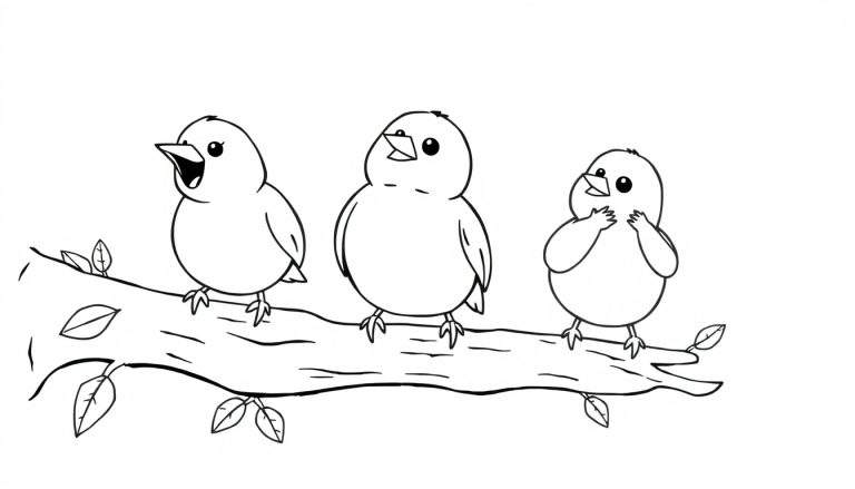 Tres pajaritos de dibujos animados en una rama, listos para colorear en una placa de color.