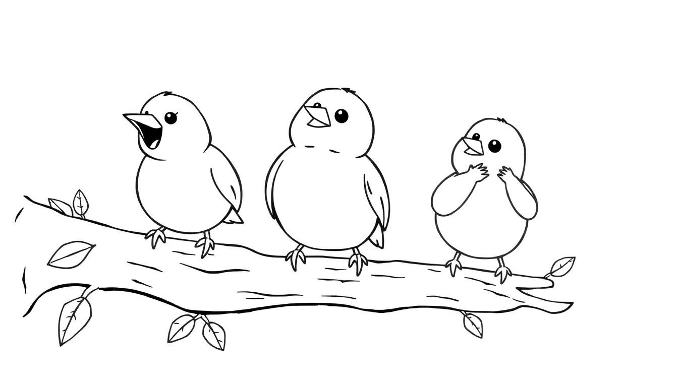 Tres pajaritos de dibujos animados en una rama, listos para colorear en una placa de color.