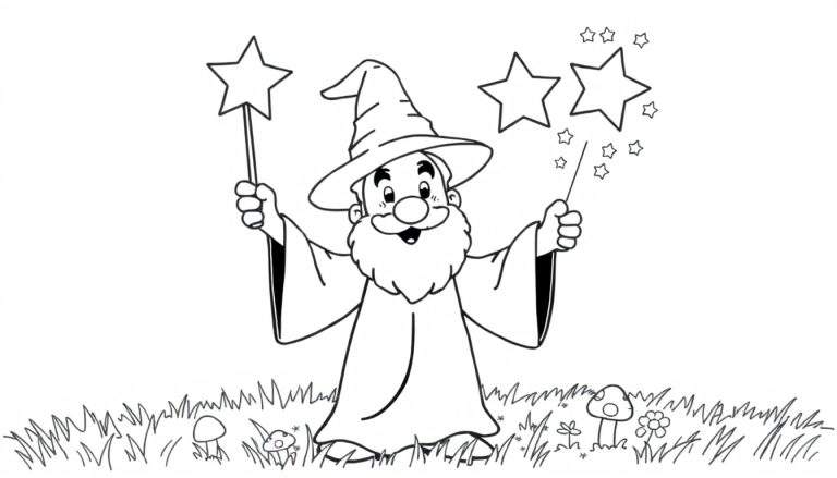 Un mago amigable con barba larga conjurando estrellas de colores con dos varitas mágicas.