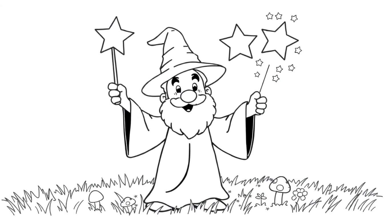 Un mago amigable con barba larga conjurando estrellas de colores con dos varitas mágicas.