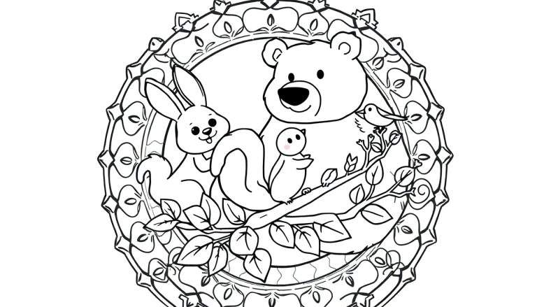 Placa de color de un mandala con animales del bosque.