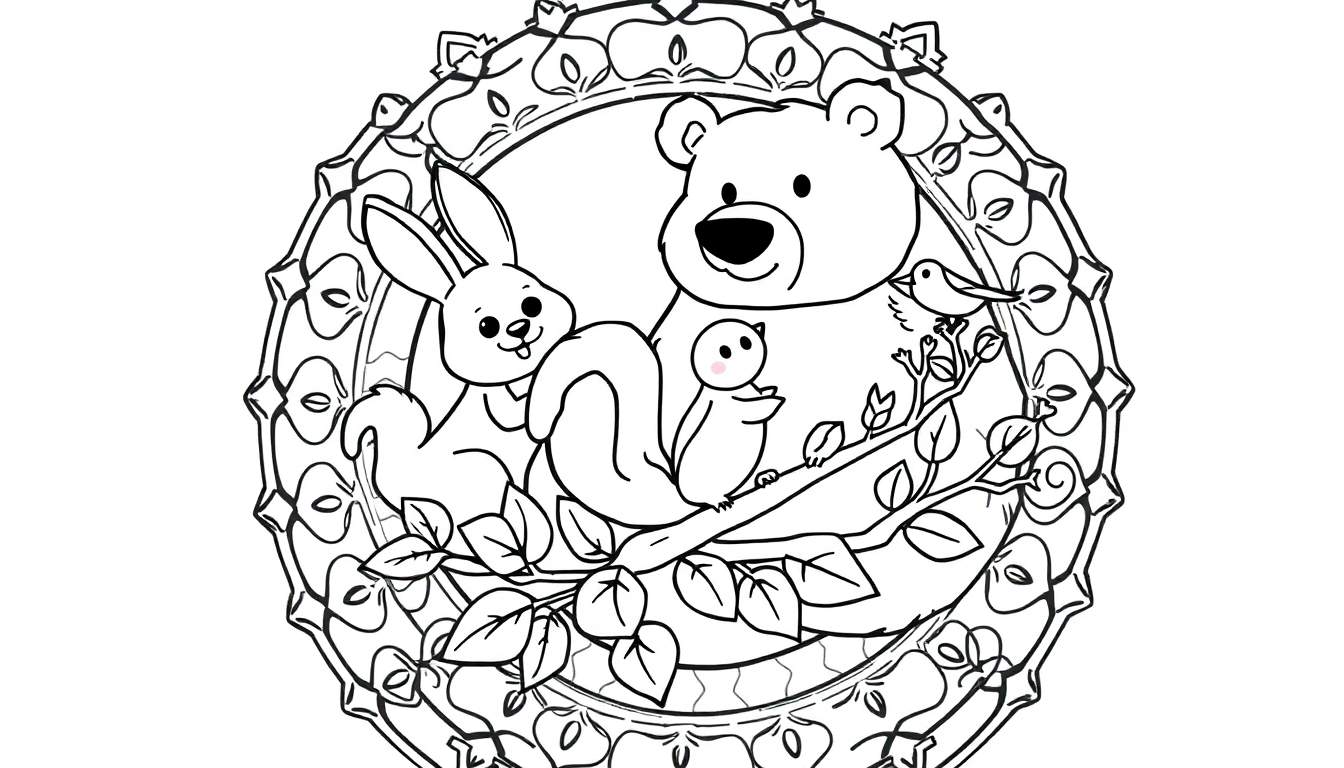 Placa de color de un mandala con animales del bosque.