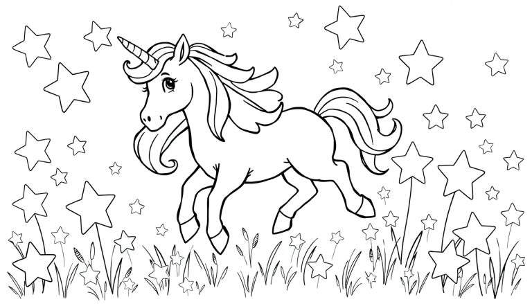 Placa de color de un unicornio mágico con estrellas.
