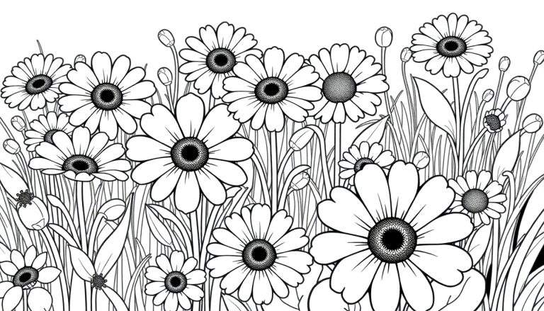Una placa de color en blanco y negro de margaritas alegres y soleadas para colorear.