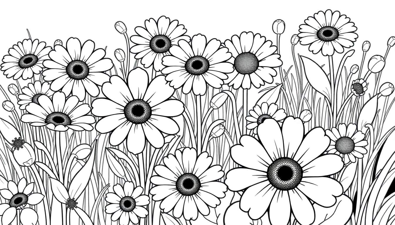 Una placa de color en blanco y negro de margaritas alegres y soleadas para colorear.
