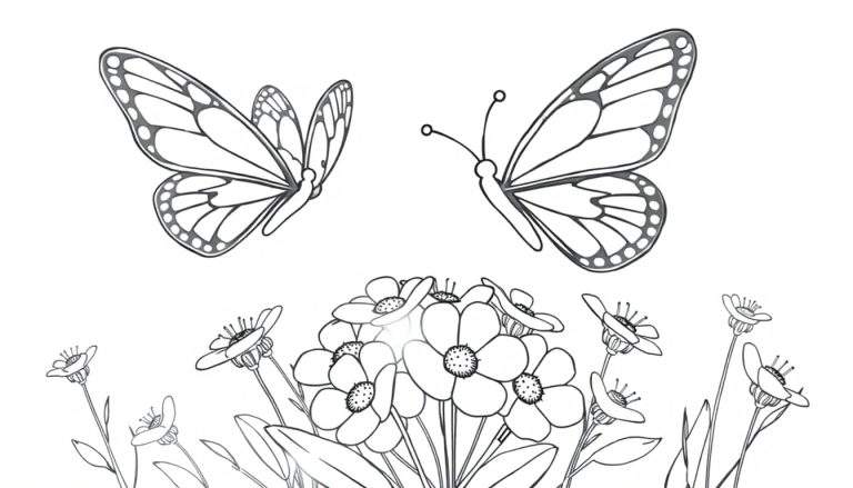 Placa de color de dos mariposas con alas detalladas revoloteando sobre flores sencillas.