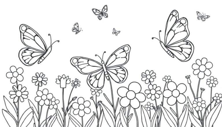 Placa de color con mariposas y flores para colorear.
