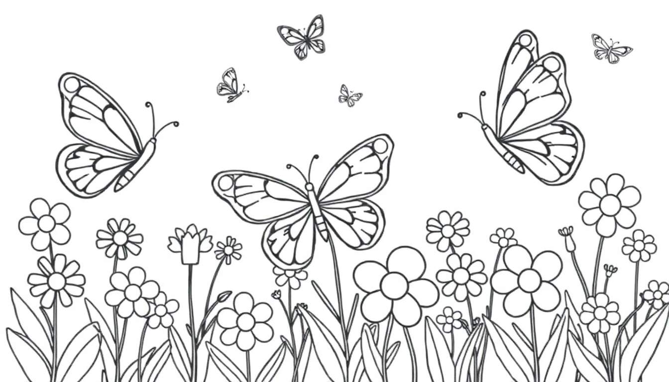 Placa de color con mariposas y flores para colorear.