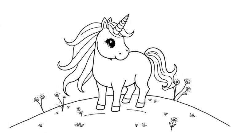 Unicornio de dibujos animados listo para colorear en una colina, con un cuerno brillante y crin de arcoíris. Placa de color.