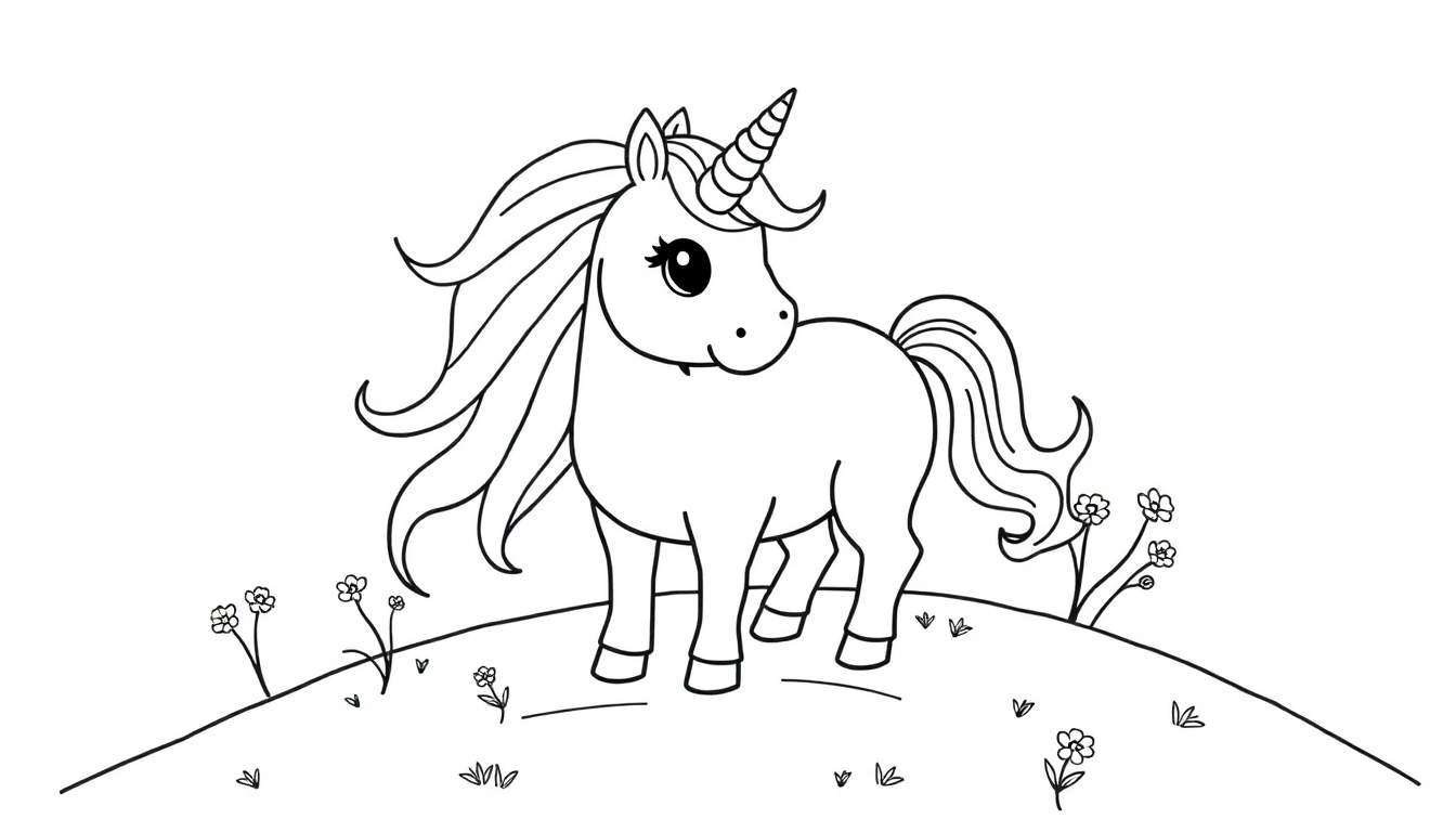 Unicornio de dibujos animados listo para colorear en una colina, con un cuerno brillante y crin de arcoíris. Placa de color.