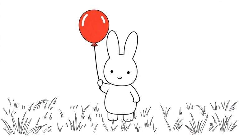 Placa de color de Miffy el conejo blanco sosteniendo un globo rojo.
