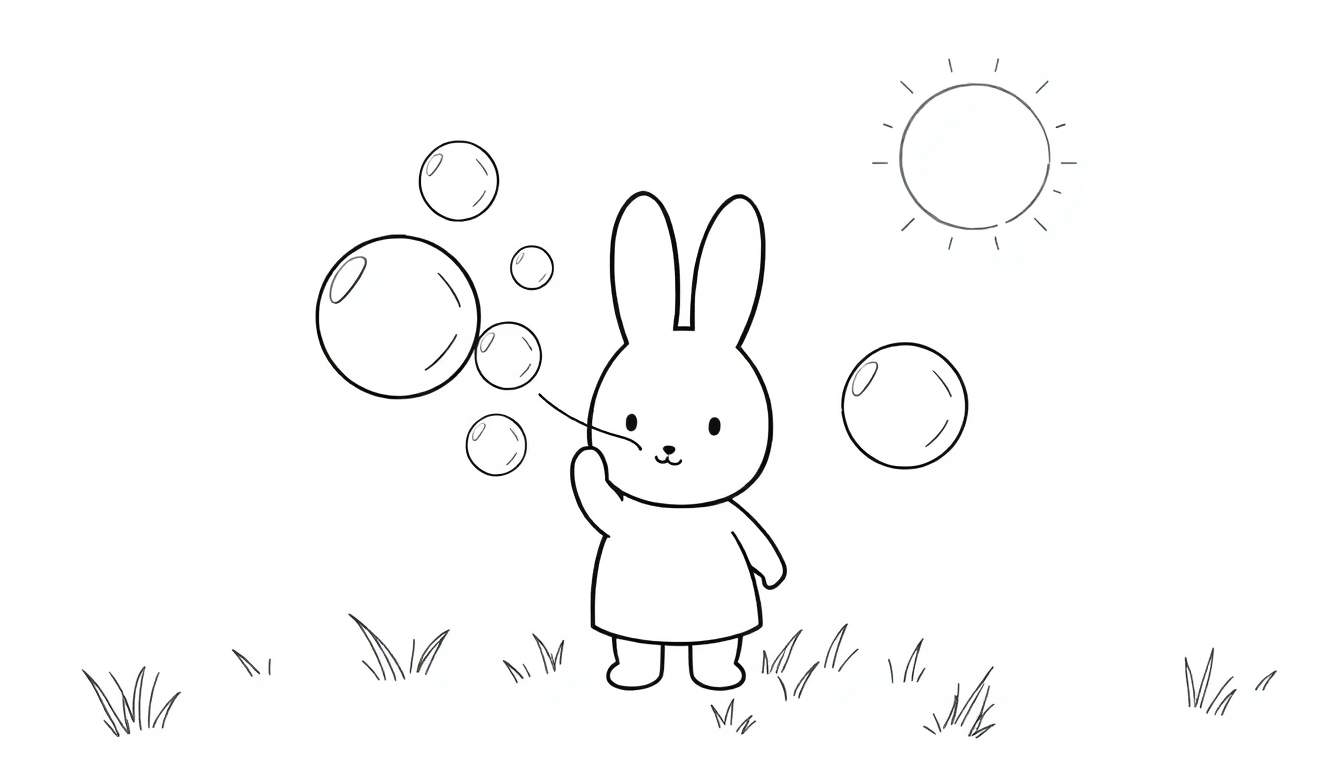 Placa de color de Miffy soplando burbujas gigantes bajo el sol.