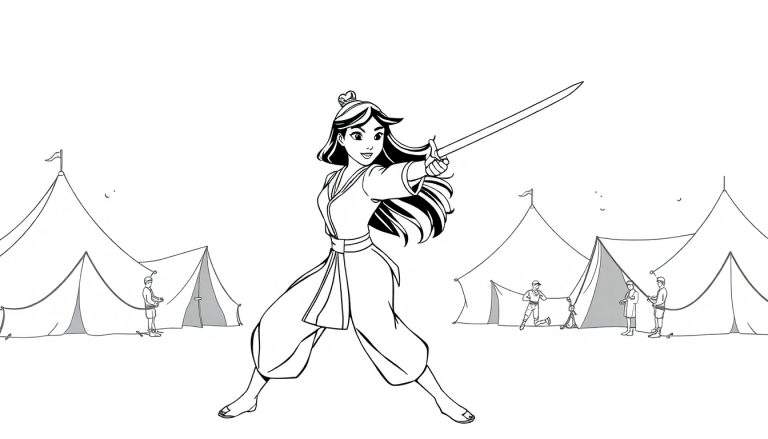 Placa de color de Mulan practicando con su espada