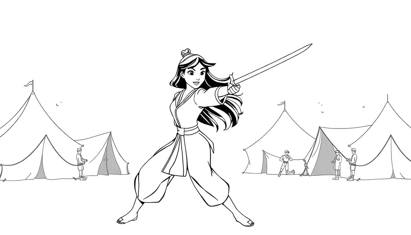 Placa de color de Mulan practicando con su espada