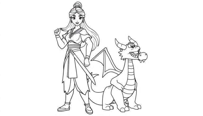 Placa de color de Mulan guerrera con su dragón Mushu, lista para colorear.