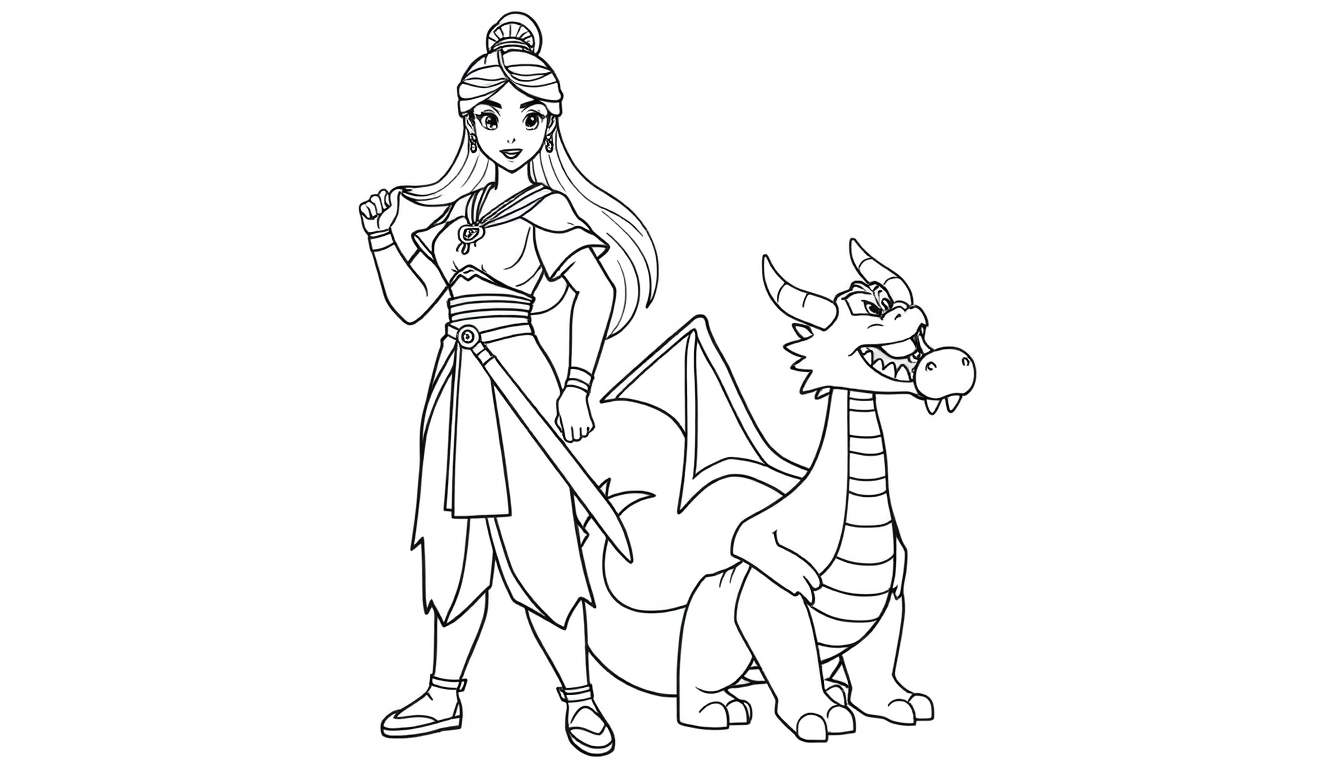 Placa de color de Mulan guerrera con su dragón Mushu, lista para colorear.