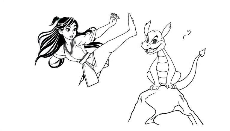 Placa de color de Mulán practicando patada con Mushu sonriendo.