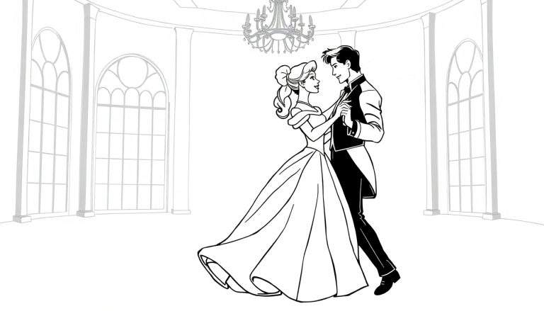 Página para colorear de Cenicienta y el Príncipe bailando, una placa de color para niños.