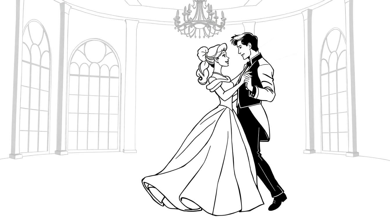 Página para colorear de Cenicienta y el Príncipe bailando, una placa de color para niños.