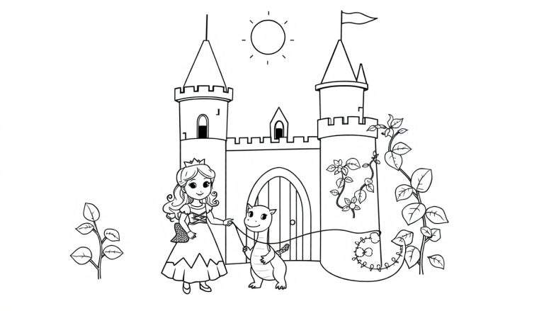 Placa de color: Princesa y dragón amigable en un castillo.