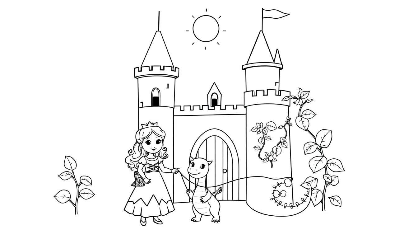 Placa de color: Princesa y dragón amigable en un castillo.