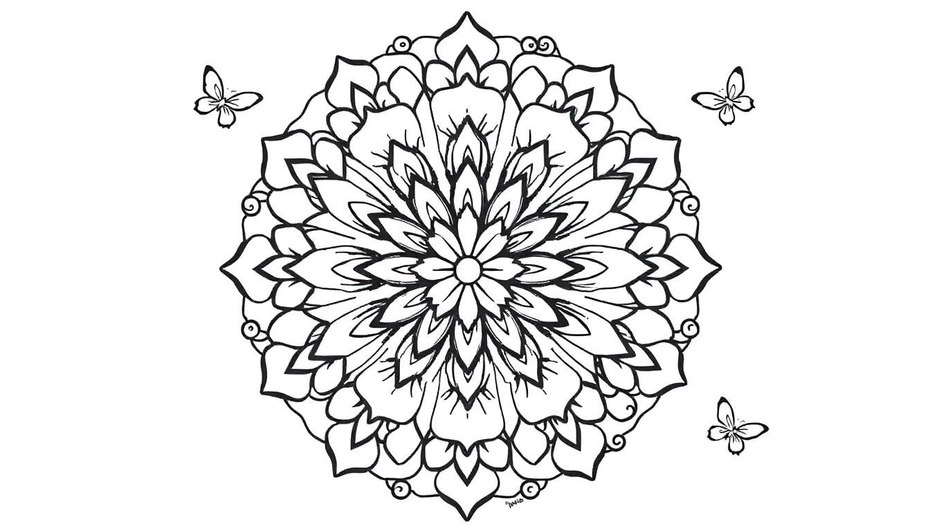 Placa de color mandala floral con mariposas para colorear.