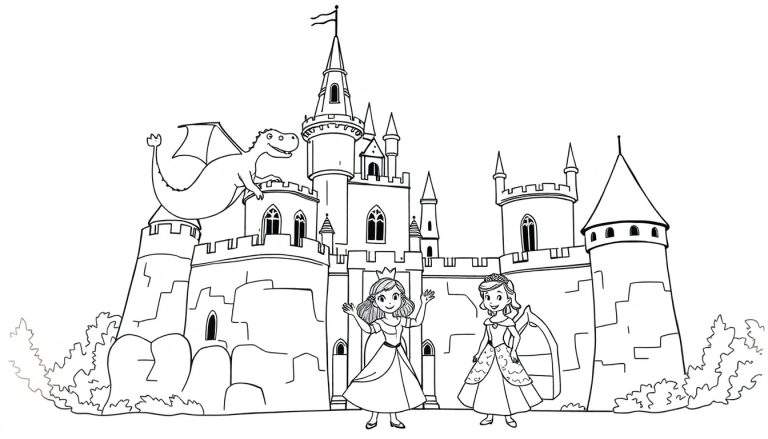 Placa de color de un castillo con princesas y dragón.
