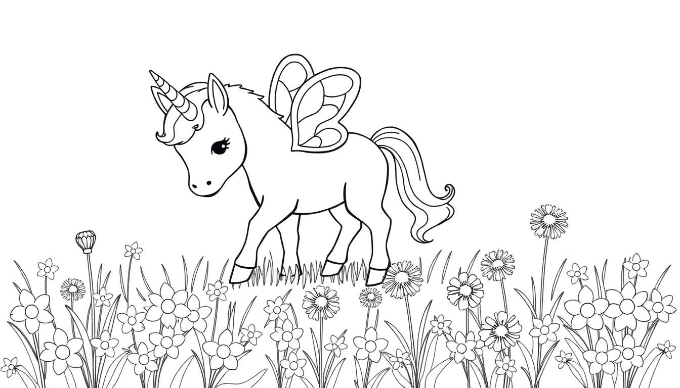 Placa de color de un unicornio con alas de mariposa en un campo de flores.