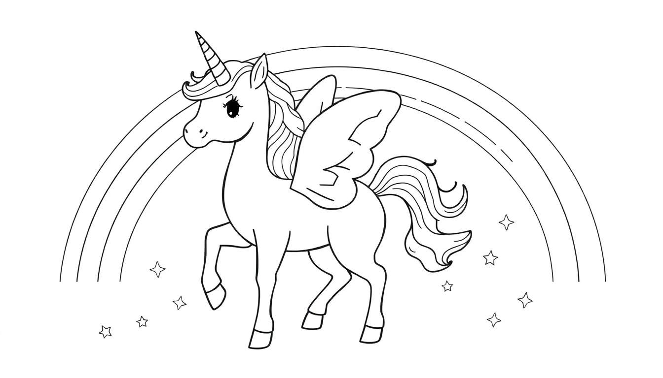 Unicornio alado sobre arco iris, página para colorear de la placa de color.