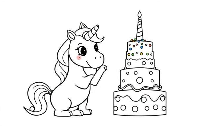 Placa de color de un unicornio y un pastel