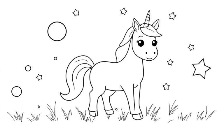 Placa de color de un unicornio de dibujo lineal con círculos y estrellas.