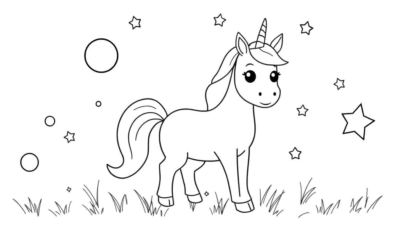 Placa de color de un unicornio de dibujo lineal con círculos y estrellas.