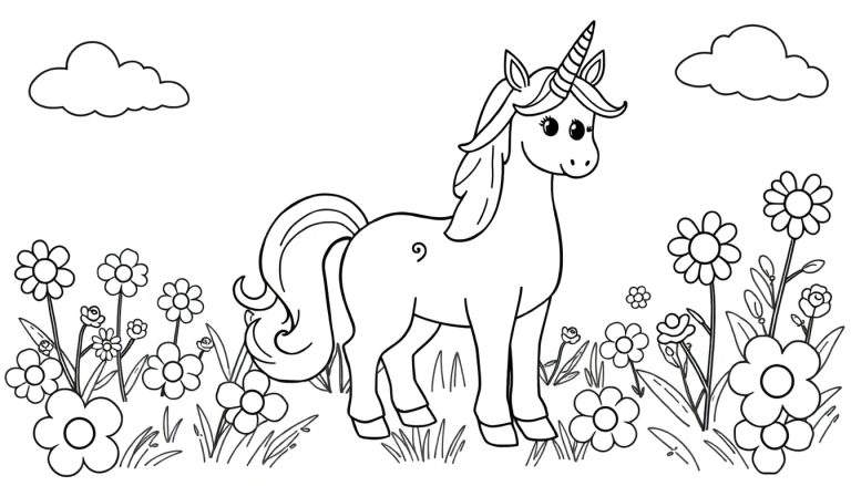 Placa de color de un unicornio en un campo de flores.