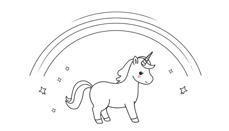 Placa de color de un unicornio de dibujos animados bajo un arcoíris con estrellas.