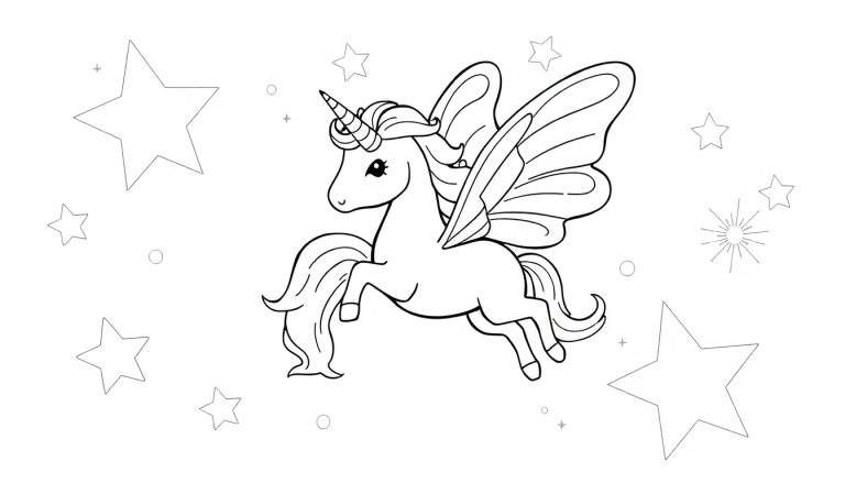 Placa de color de un unicornio alado juguetón volando entre estrellas.