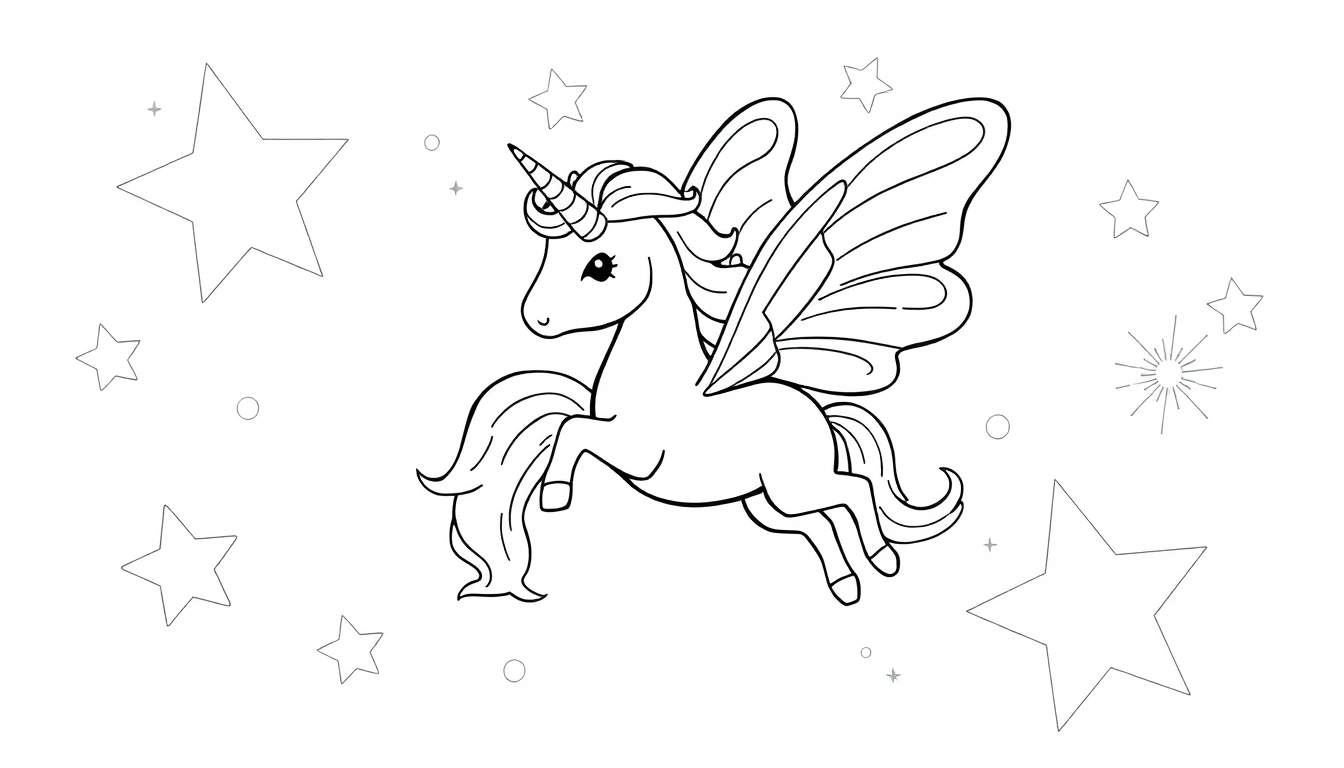 Placa de color de un unicornio alado juguetón volando entre estrellas.