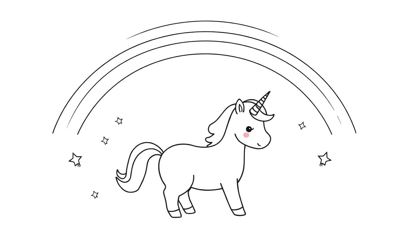 Placa de color de un unicornio de dibujos animados bajo un arcoíris con estrellas.