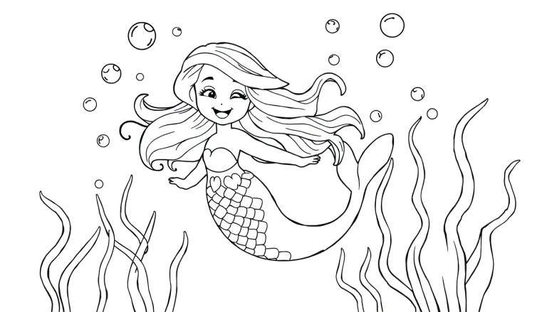 Placa de color de una sirena sonriente guiñando un ojo entre burbujas y plantas marinas, con su cola de escamas en forma de corazón.