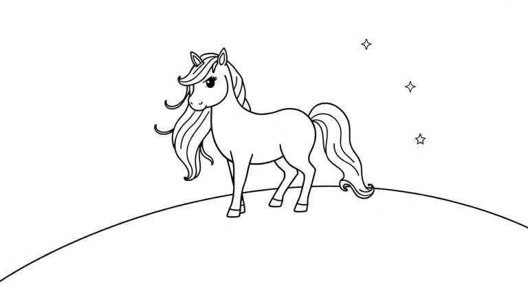 Placa de color de un unicornio amigable con melena de arcoíris y estrellas flotando.