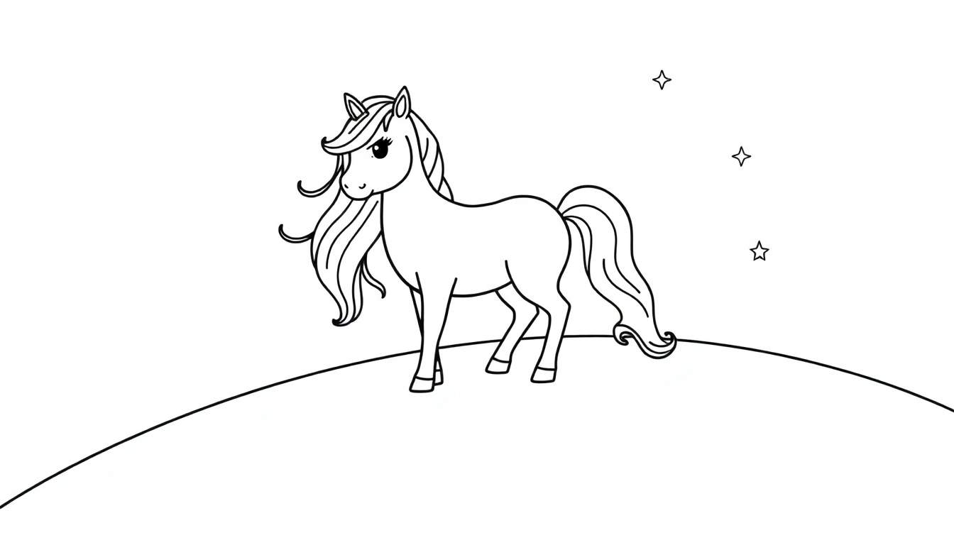Placa de color de un unicornio amigable con melena de arcoíris y estrellas flotando.