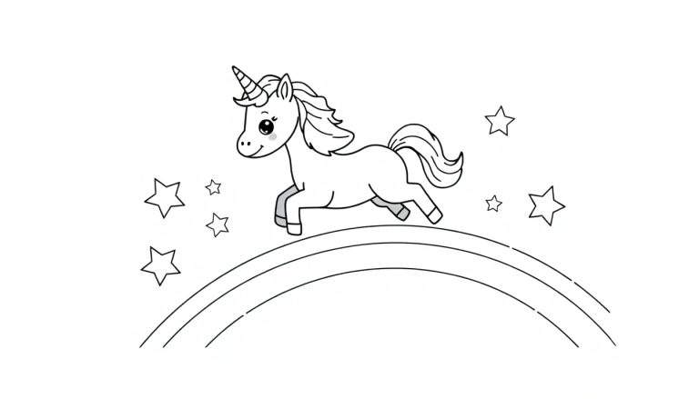 Placa de color de un unicornio saltando sobre un arco iris con estrellas.