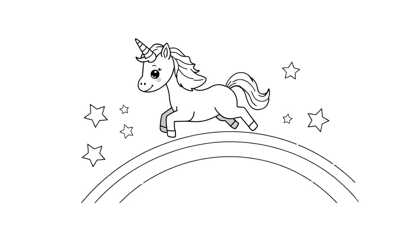 Placa de color de un unicornio saltando sobre un arco iris con estrellas.