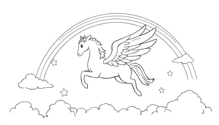 Placa de color de un Pegaso con alas extendidas volando con un arco iris y estrellas.