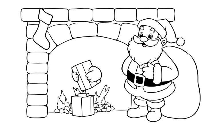 Placa de color de Papá Noel junto a una chimenea.