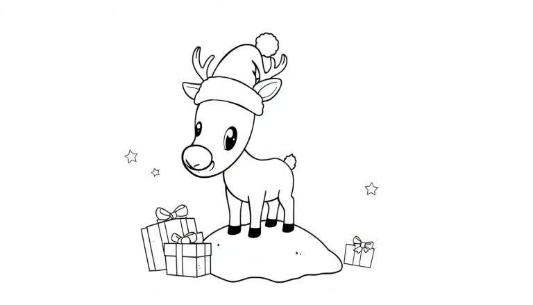 Placa de color de un reno de dibujos animados festivo con un gorro de Papá Noel y regalos.