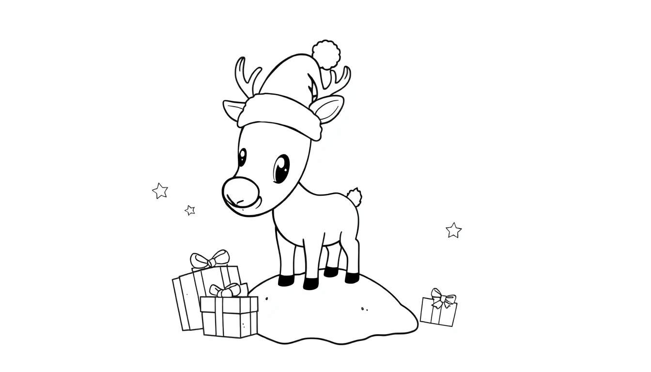 Placa de color de un reno de dibujos animados festivo con un gorro de Papá Noel y regalos.