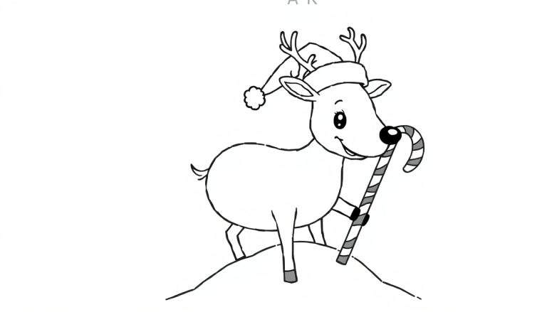 Placa de color de un reno de dibujos animados con un gorro de Papá Noel y un bastón de caramelo.