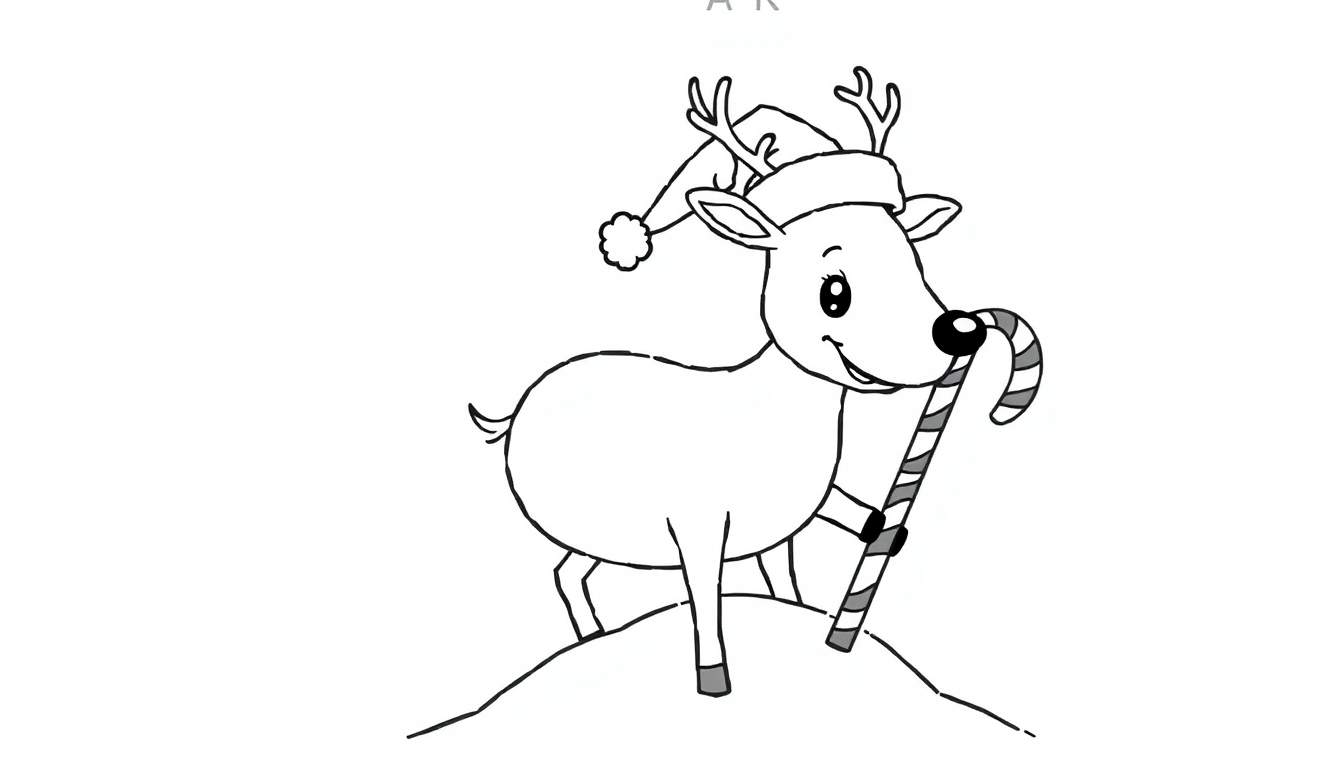 Placa de color de un reno de dibujos animados con un gorro de Papá Noel y un bastón de caramelo.