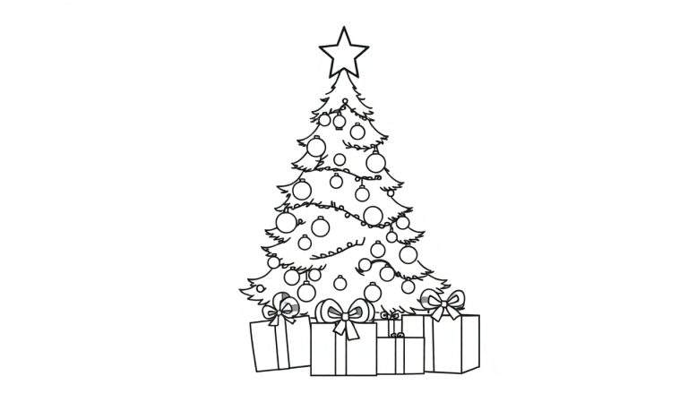 Una placa de color para colorear con un árbol de Navidad, adornos y regalos.