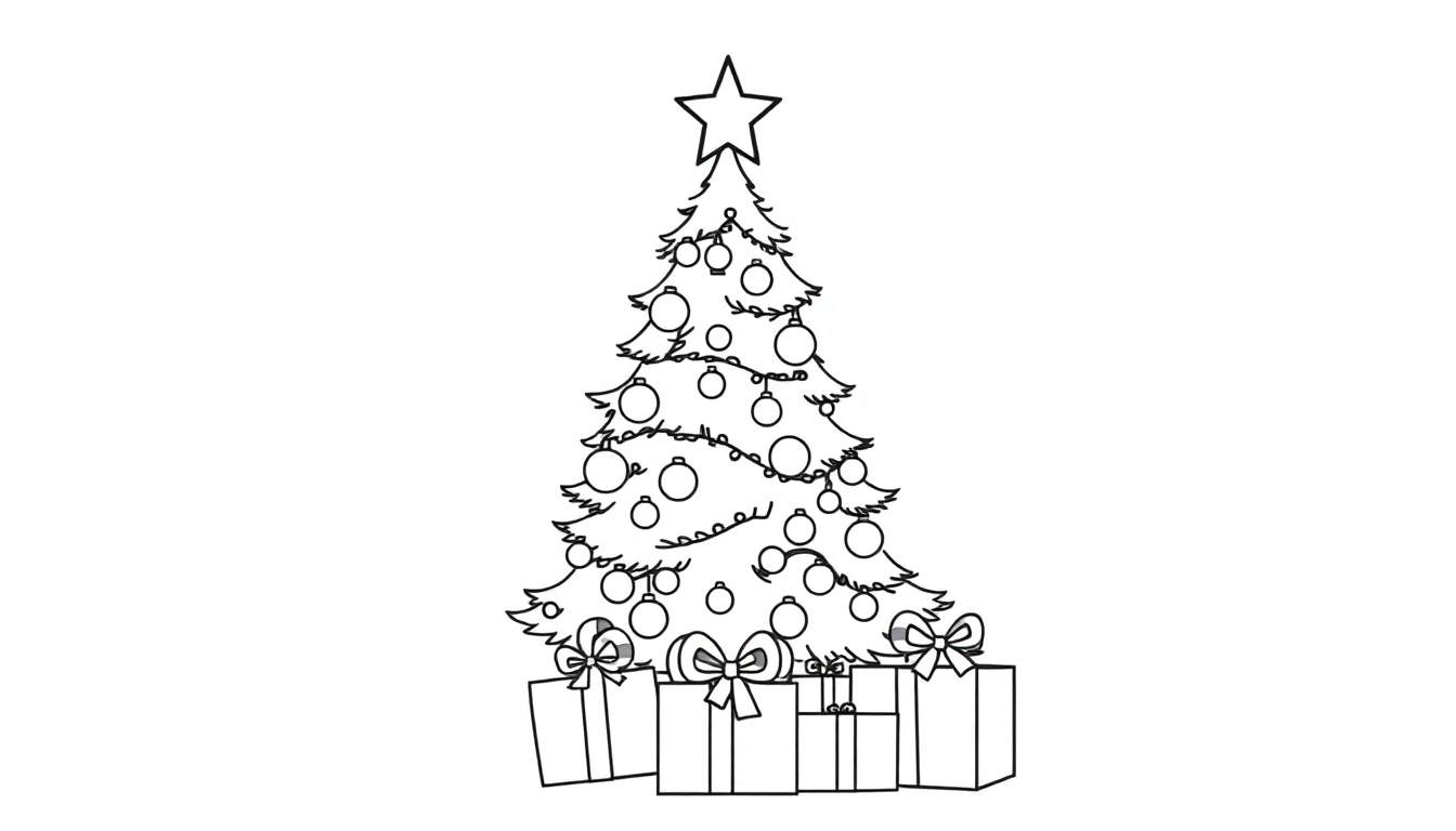 Una placa de color para colorear con un árbol de Navidad, adornos y regalos.